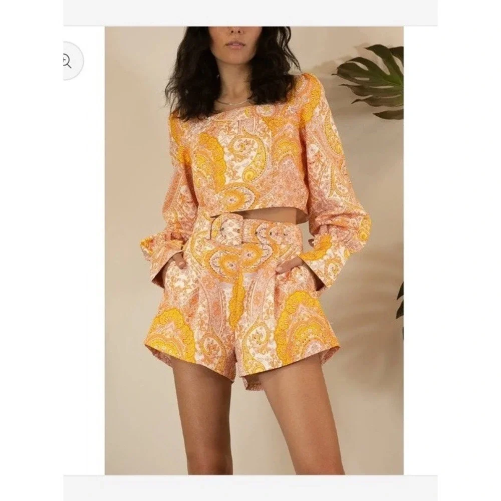 Mulla Linen Paisley Crop Top and Shorts Set L Orange White W/Belt Lined Party